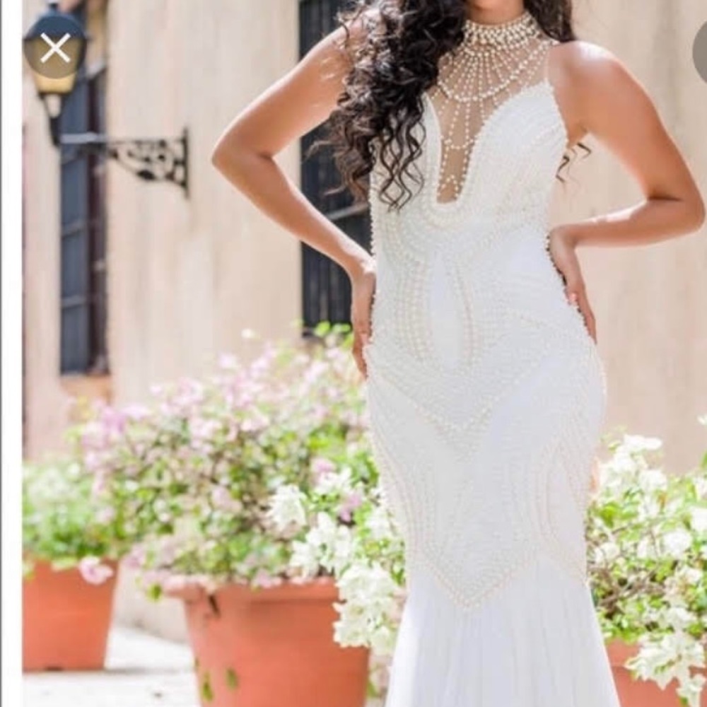 JOVANI WHITE PEARL BEADED GOWN